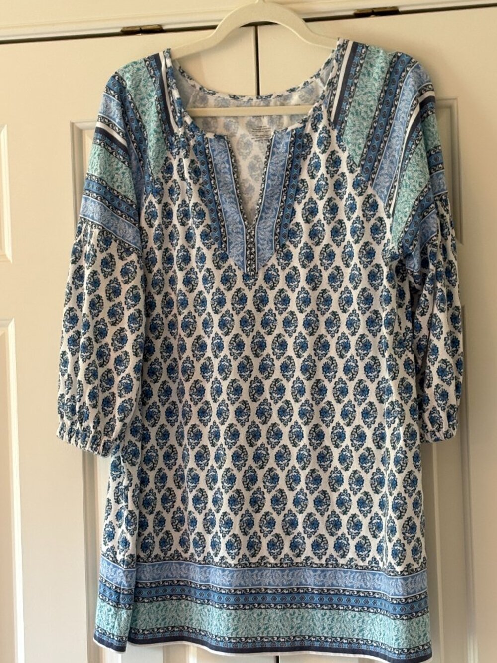J. Jill Pure Jill Split Neck Tunic Blue Multi Print Sz M